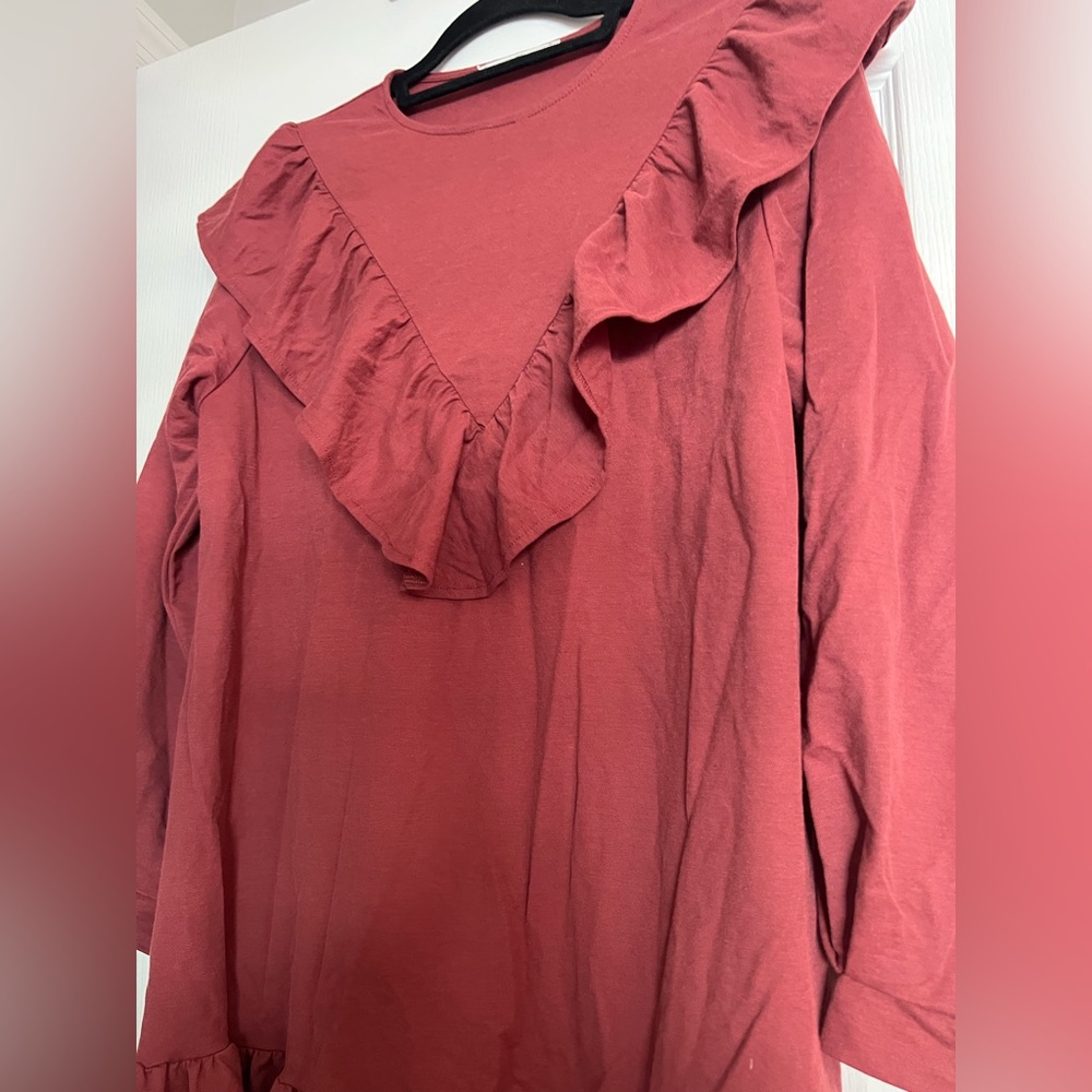 Mango - Ruffled Drop Waist - Rust Red / Maroon Dress - Picture 7 of 10